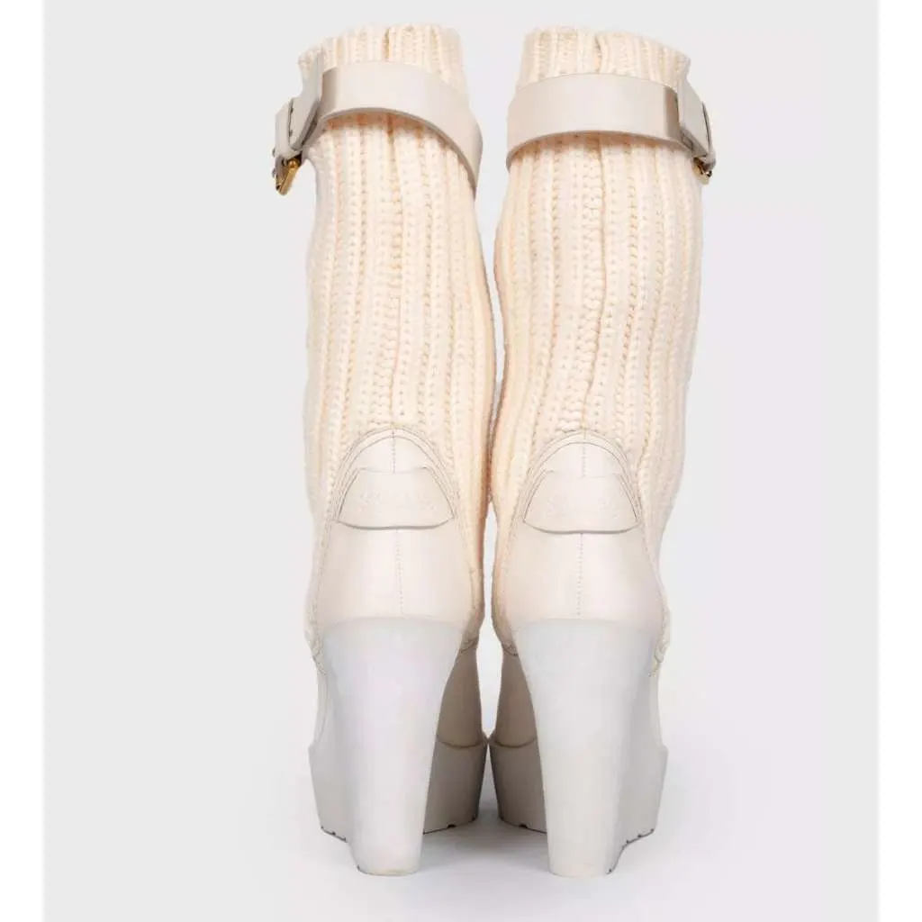 Gucci Fabric Buckle Wedge Sock Boots Beige Leather Very good - Model View
