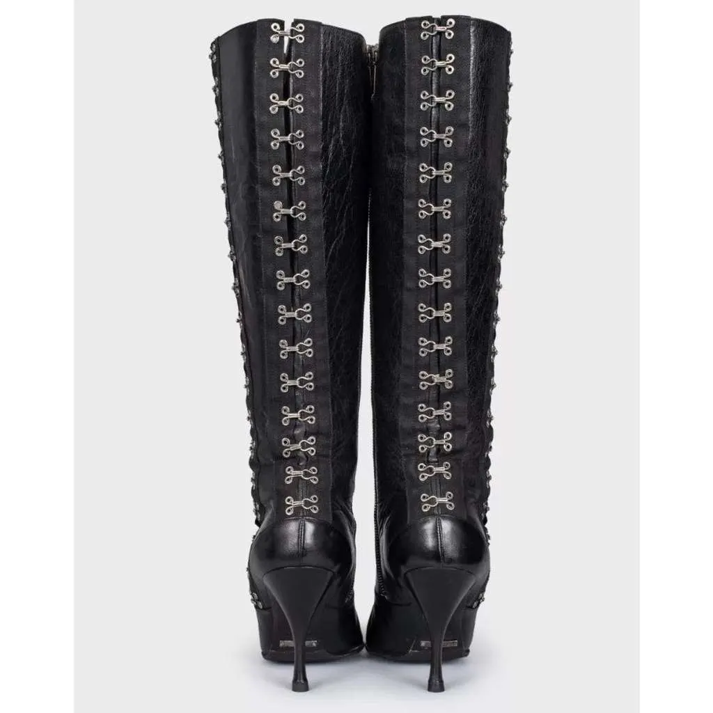 Dolce & Gabbana Knee High Stiletto Boots Black Leather Very good - Model View