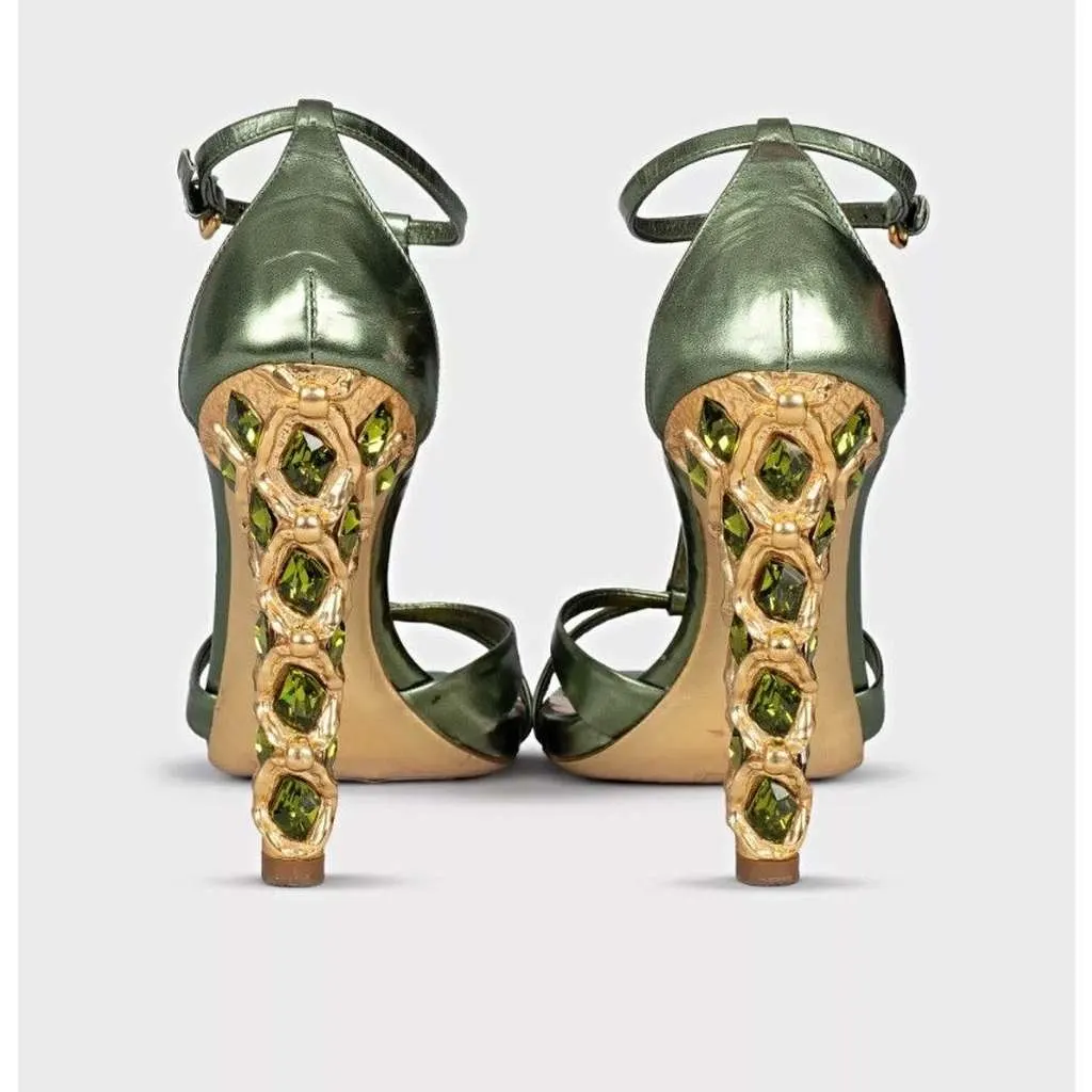 Miu Miu Block Heel Sandals Green Leather Very good - Model View