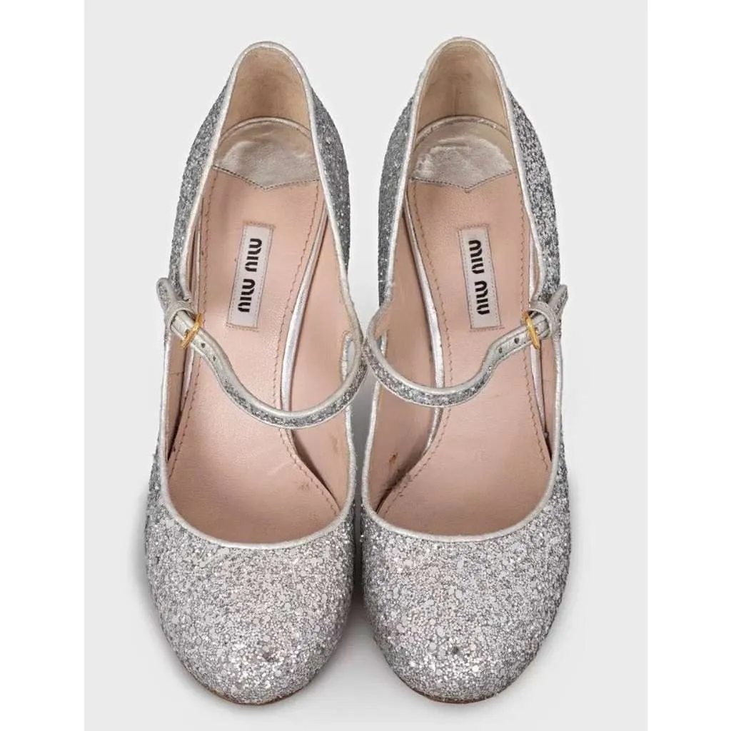 Miu Miu Glitter Block Heel Shoes Silver Leather Good - Back View