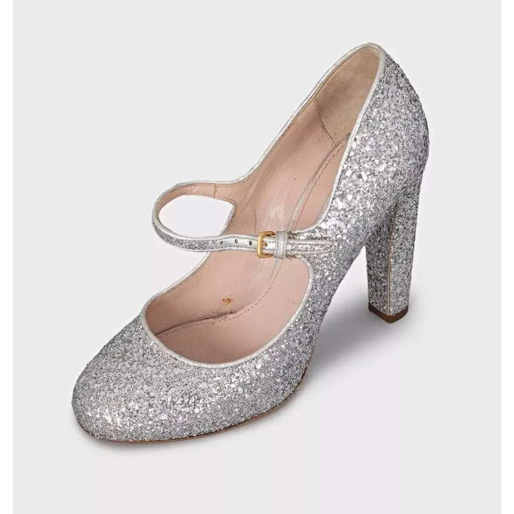 Miu Miu Glitter Block Heel Shoes Silver Leather Good - Inside View