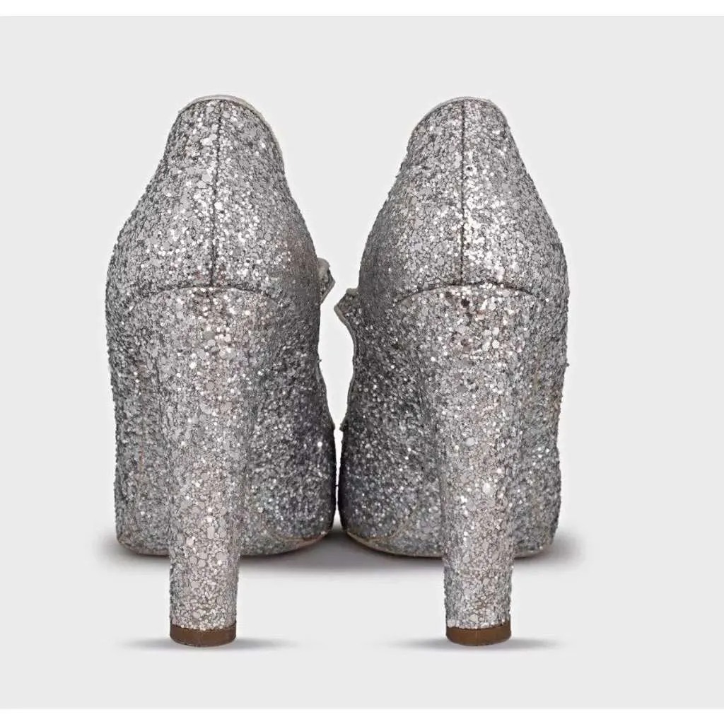 Miu Miu Glitter Block Heel Shoes Silver Leather Good - Model View