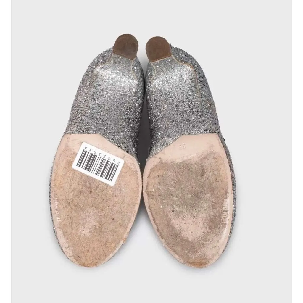 Miu Miu Glitter Block Heel Shoes Silver Leather Good - Box View