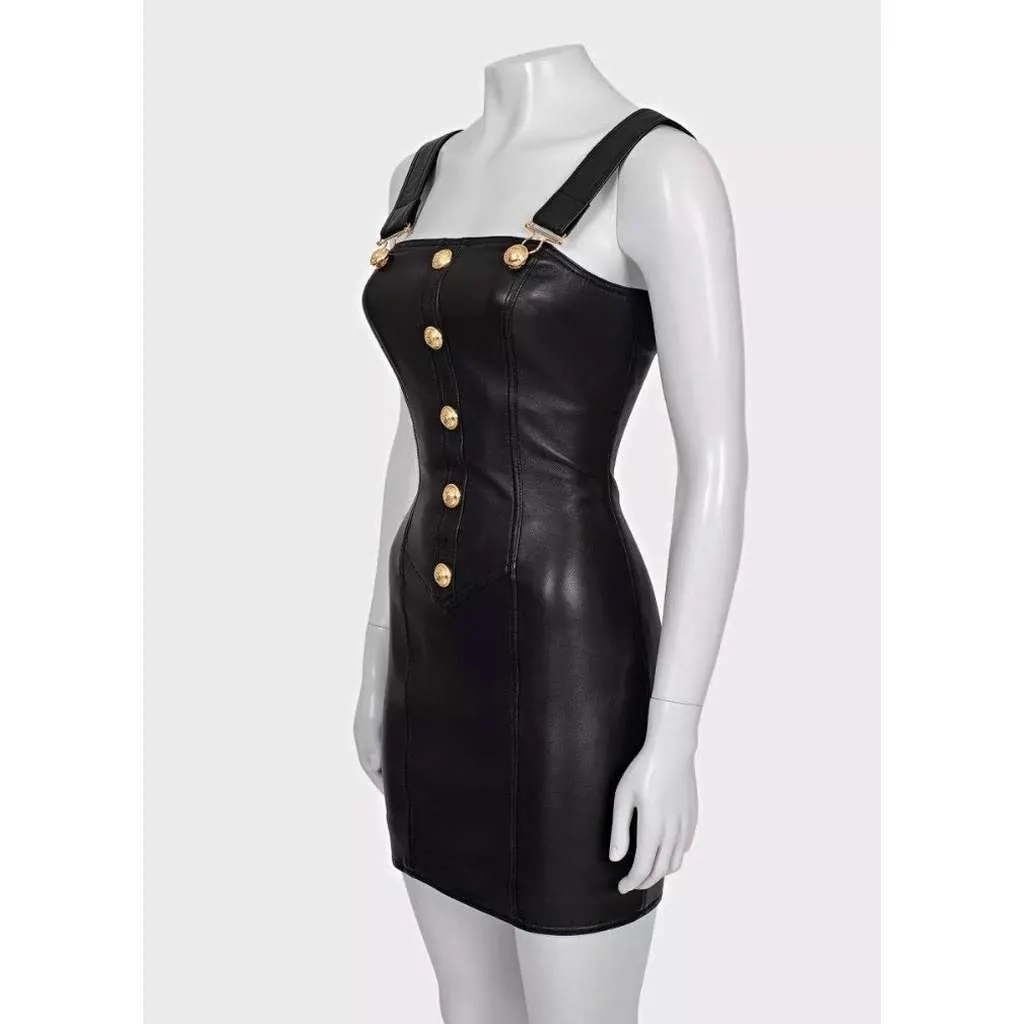 Balmain Lambskin Mini Dress Black Leather Very good - Back View