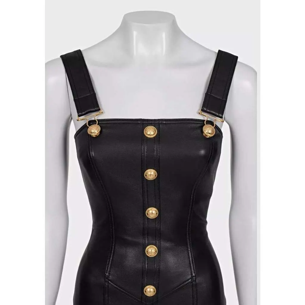 Balmain Lambskin Mini Dress Black Leather Very good - Model View