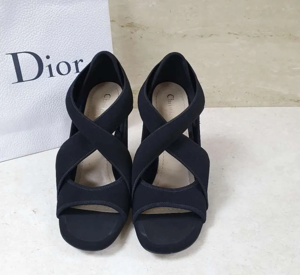 Dior Christian Neoprene Strappy Sandals Black Leather Very good - Back View