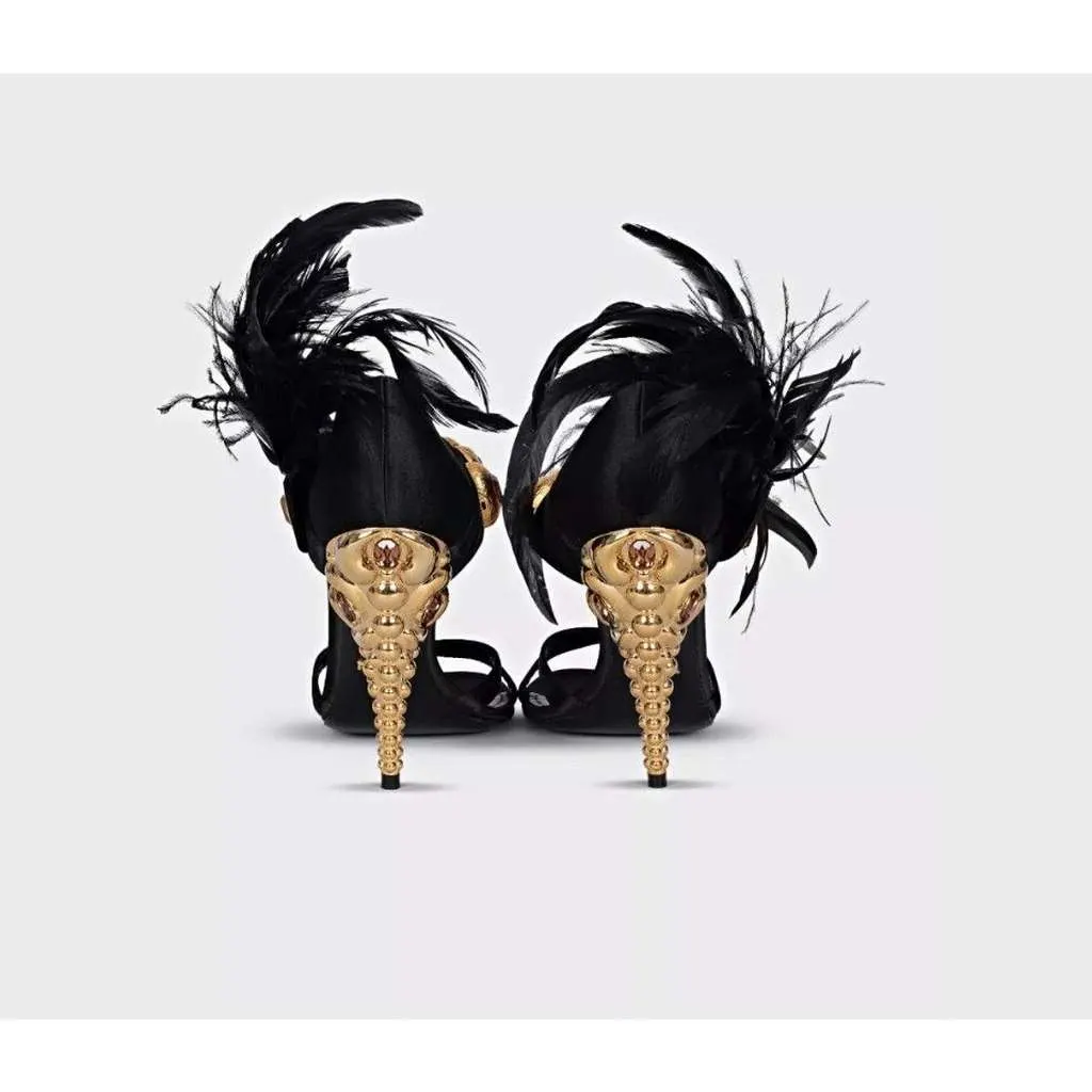 Prada Feather Trim Embellished Sandals Black Leather Very good - Back View