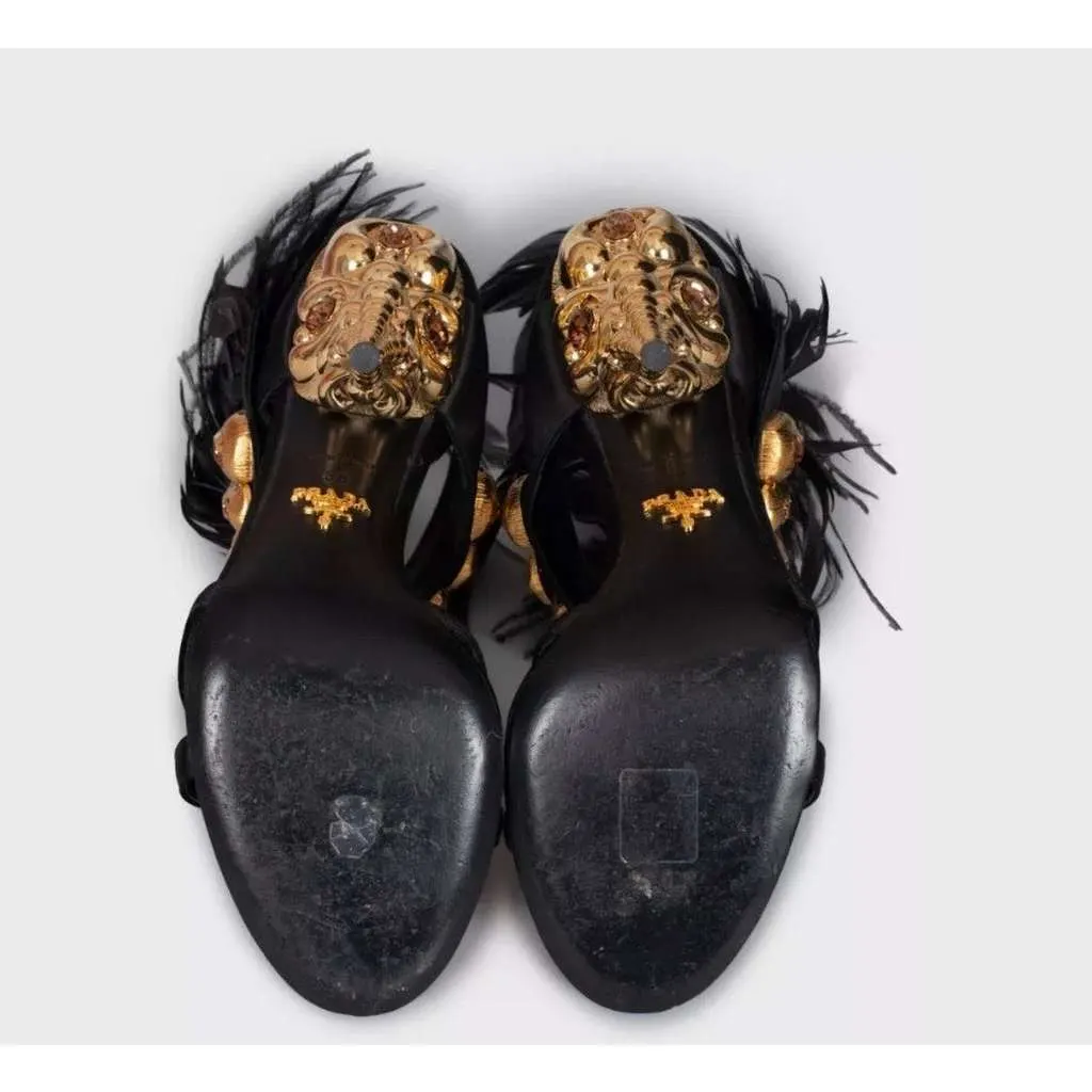Prada Feather Trim Embellished Sandals Black Leather Very good - Inside View