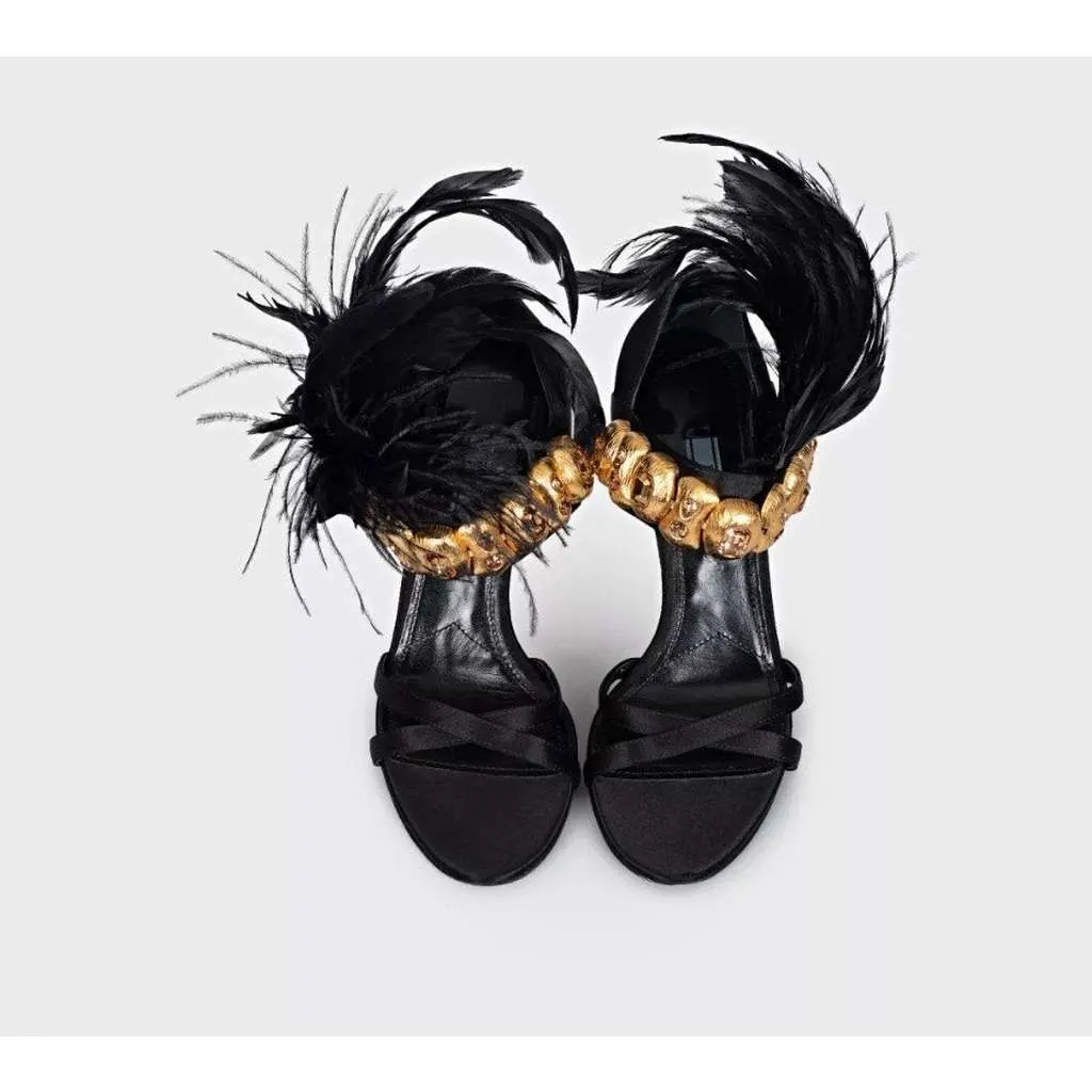 Prada Feather Trim Embellished Sandals Black Leather Very good - Model View