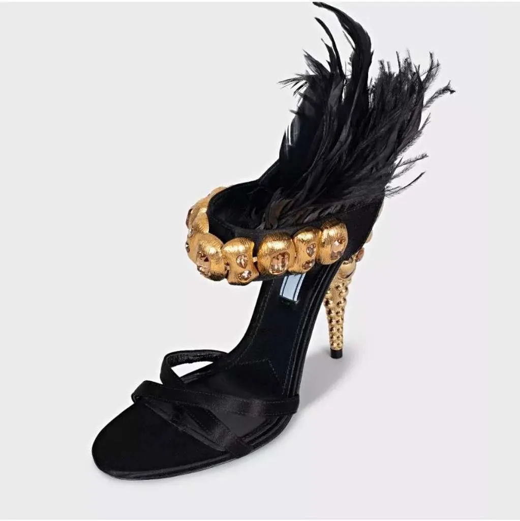 Prada Feather Trim Embellished Sandals Black Leather Very good - Box View