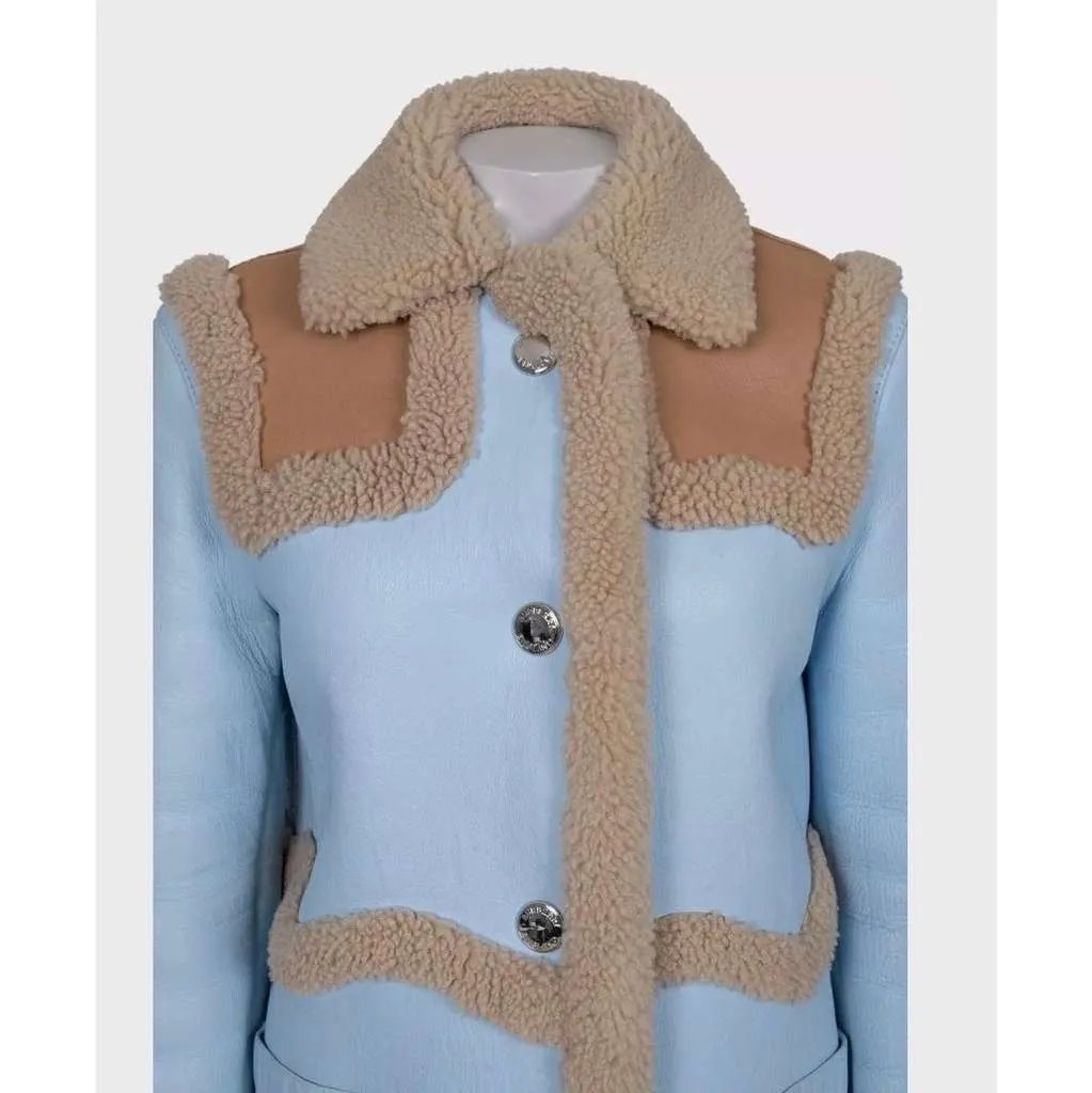 Burberry Sheepskin Coat Blue Leather Very good - Model View