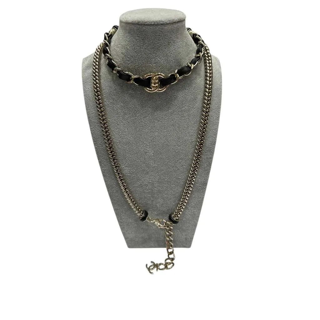 Chanel CC Turnlock Choker Necklace Belt Black Leather Very good - Front View