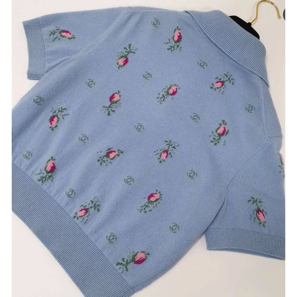 Chanel Light Floral Knit Polo Top Blue Cotton Very good - Back View