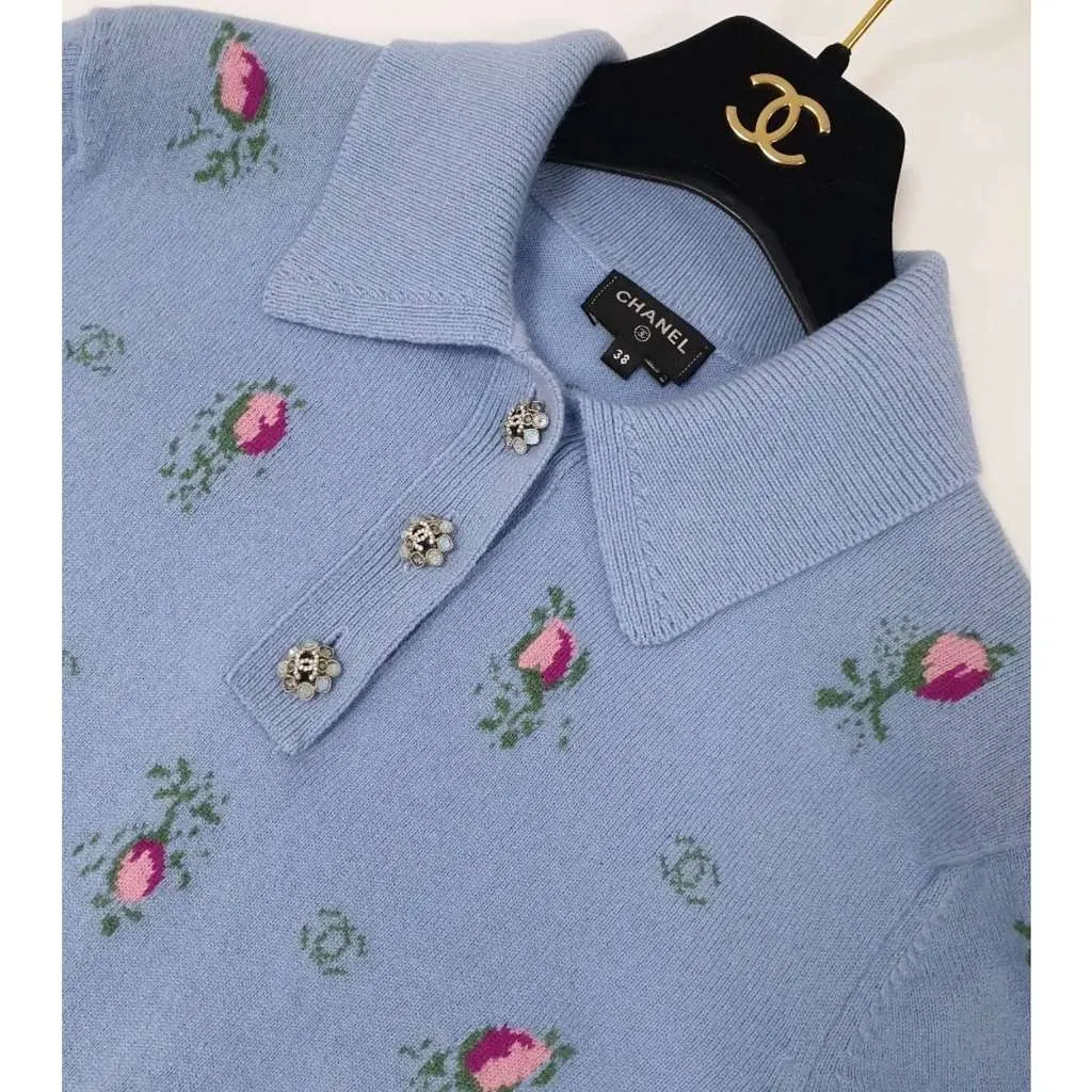 Chanel Light Floral Knit Polo Top Blue Cotton Very good - Inside View