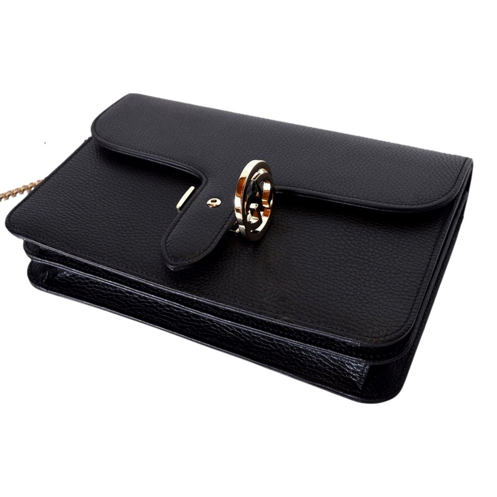 Gucci Gucci Marmont Black Leather Interlocking GG Gold Chain Strap Crossbody Handbag - Image 6