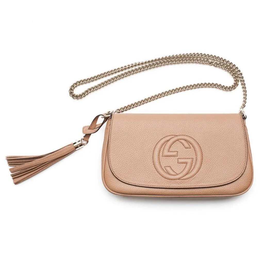 Gucci Soho Disco GG Tassel Gold Chain Crossbody Flap Bag Camelia Beige Beige Leather Never worn, with tag - Front View