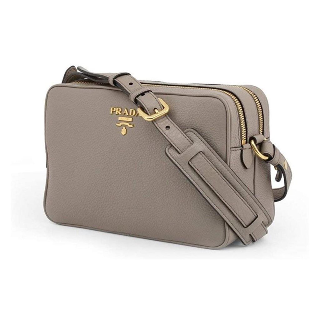 Prada Prada Argilla Grey Vitello Phenix Leather Double Zip Cross Body Bag - Back view