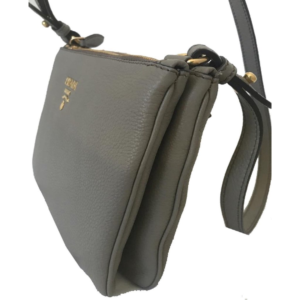 Prada Prada Vitello Phenix Argilla Gray Leather Logo Plaque Crossbody Bag - Detail 1