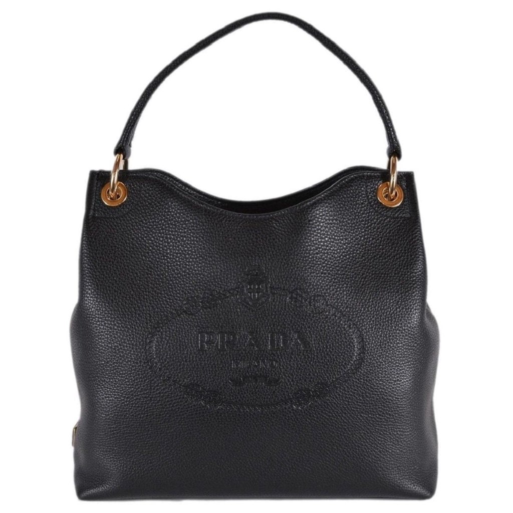 Prada Prada Vitello Phenix Black Leather Embossed Logo Hobo Tote Bag