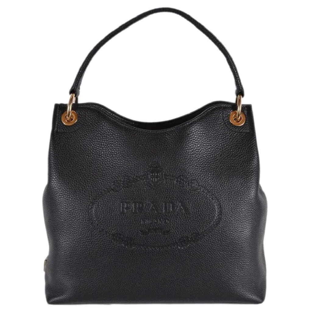 Prada Vitello Phenix Black Leather Embossed Logo Hobo Tote Bag Black Leather Never worn, with tag - Front View