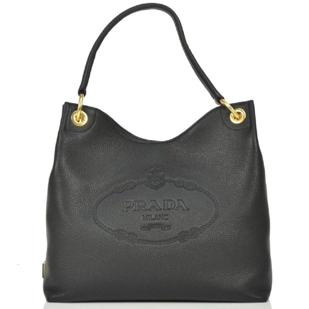 Prada Prada Vitello Phenix Black Leather Embossed Logo Hobo Tote Bag - Back view