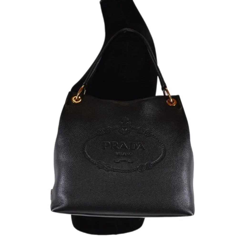 Prada Vitello Phenix Black Leather Embossed Logo Hobo Tote Bag Black Leather Never worn, with tag - Model View