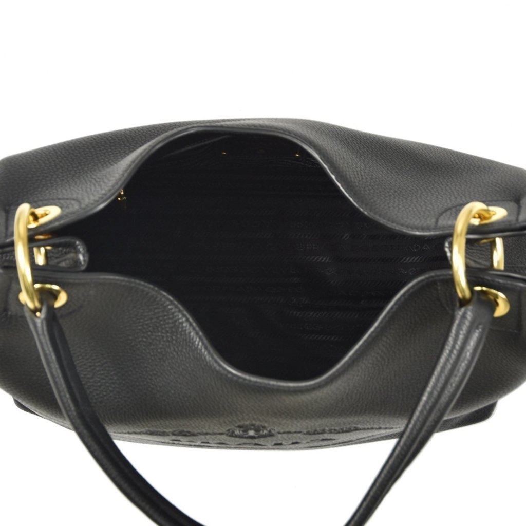 Prada Prada Vitello Phenix Black Leather Embossed Logo Hobo Tote Bag - Detail 1