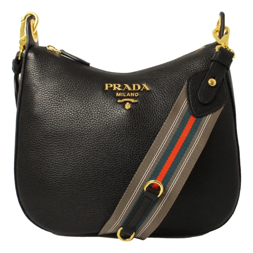 Prada Black Vitello Phenix Leather Web Stripe Strap Crossbody Black Leather Never worn, with tag - Front View