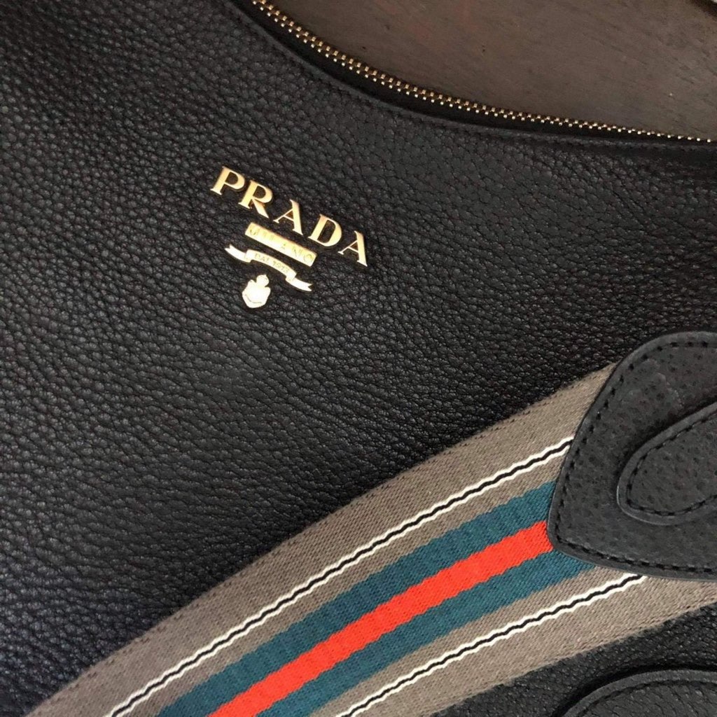 Prada Prada Black Vitello Phenix Leather Web Stripe Strap Crossbody - Detail 2