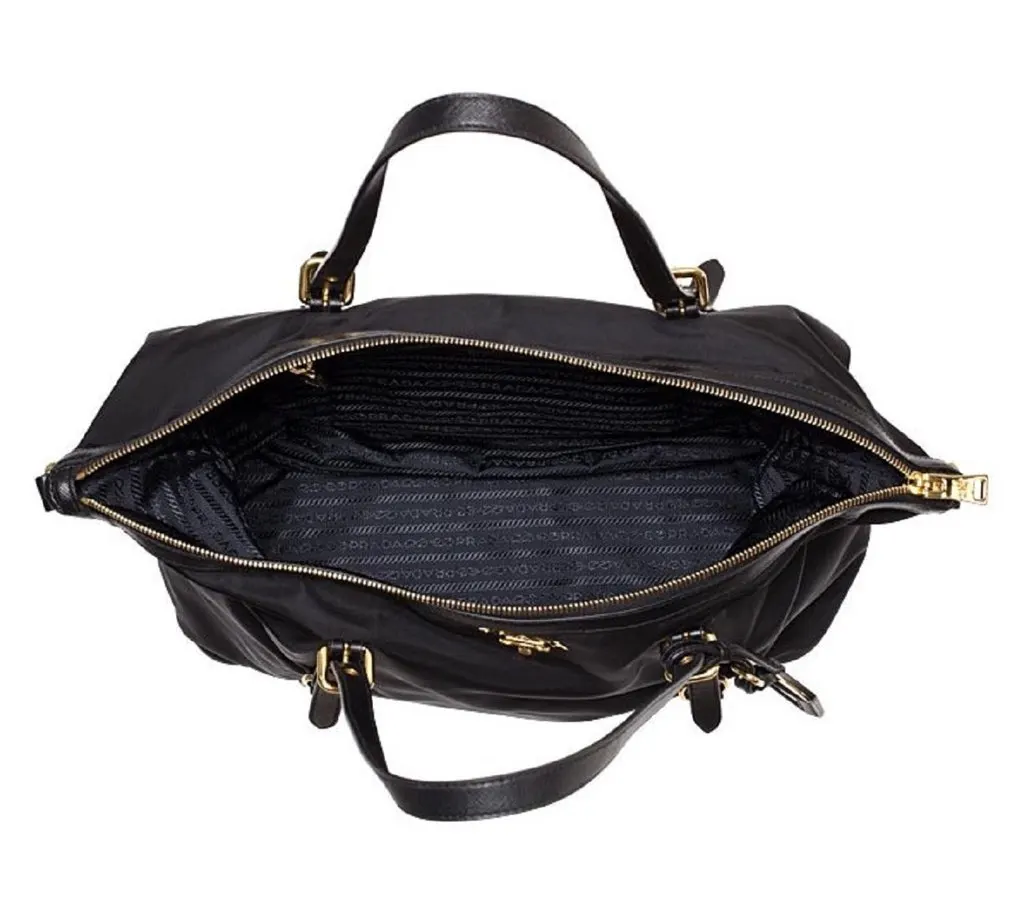 Prada Tessuto Nylon Saffiano Leather Black Top Zip Tote Bag Black Never worn, with tag - Model View