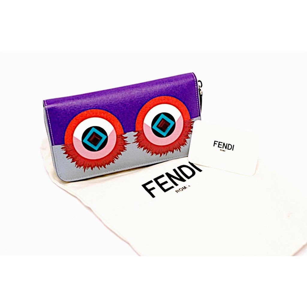 Fendi Fendi Monster Zip Pouch Clutch Cosmetic Bag Travel Purple Blue Leather - 4