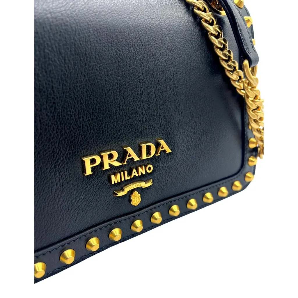 Prada Pattina Black Calf Leather Studded Flap Chain Crossbody Bag Black Leather Never worn, with tag - Box View