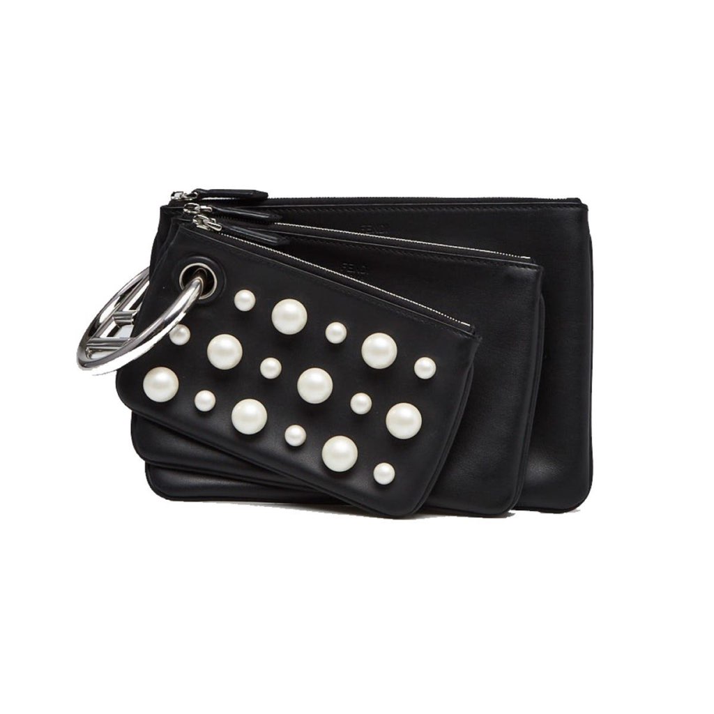 Fendi Fendi Black Leather Pearl Studded Triplette Multi Clutch Handbag