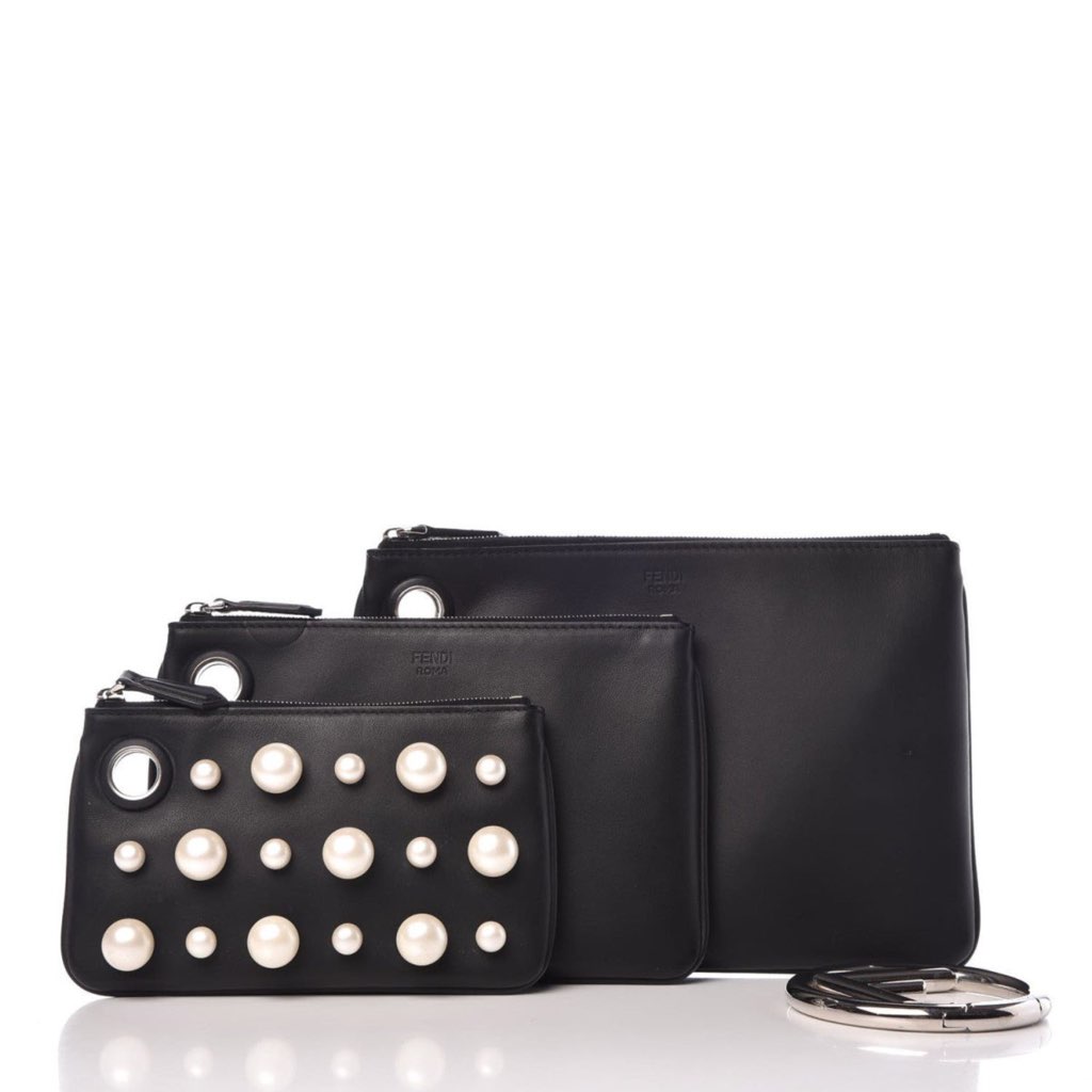 Fendi Fendi Black Leather Pearl Studded Triplette Multi Clutch Handbag - Back view