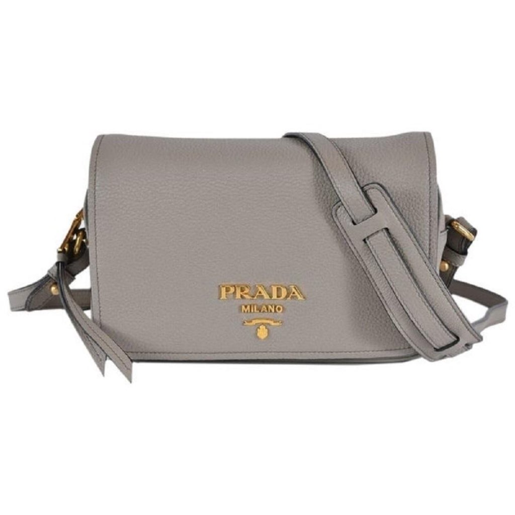 Prada Prada Vitello Phenix Argilla Grey Leather Flap Crossbody Bag