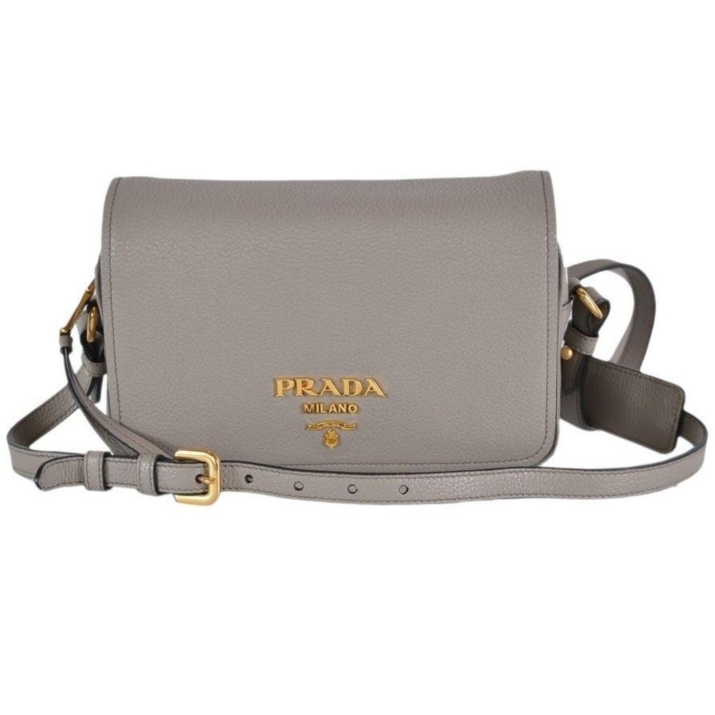 Prada Prada Vitello Phenix Argilla Grey Leather Flap Crossbody Bag - Back view