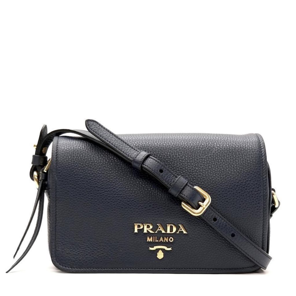 Prada Prada Vitello Phenix Baltico Blue Leather Flap Medium Crossbody Bag