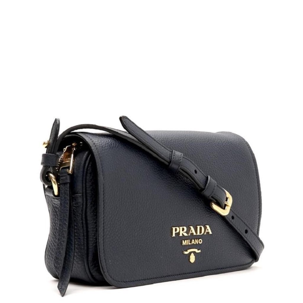 Prada Prada Vitello Phenix Baltico Blue Leather Flap Medium Crossbody Bag - Back view