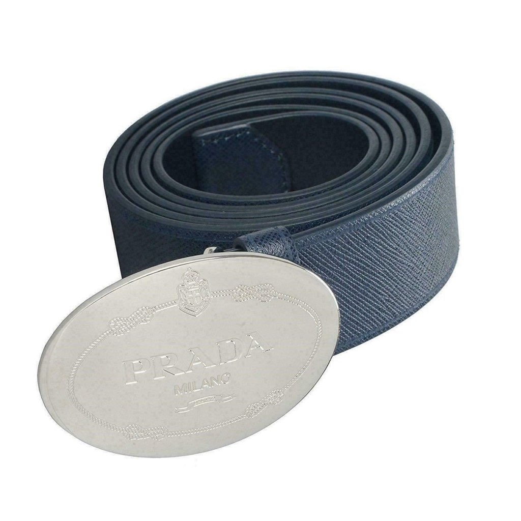 Prada Prada Mens Navy Saffiano Leather Belt  Silver Oval Buckle Belt Size 90/36