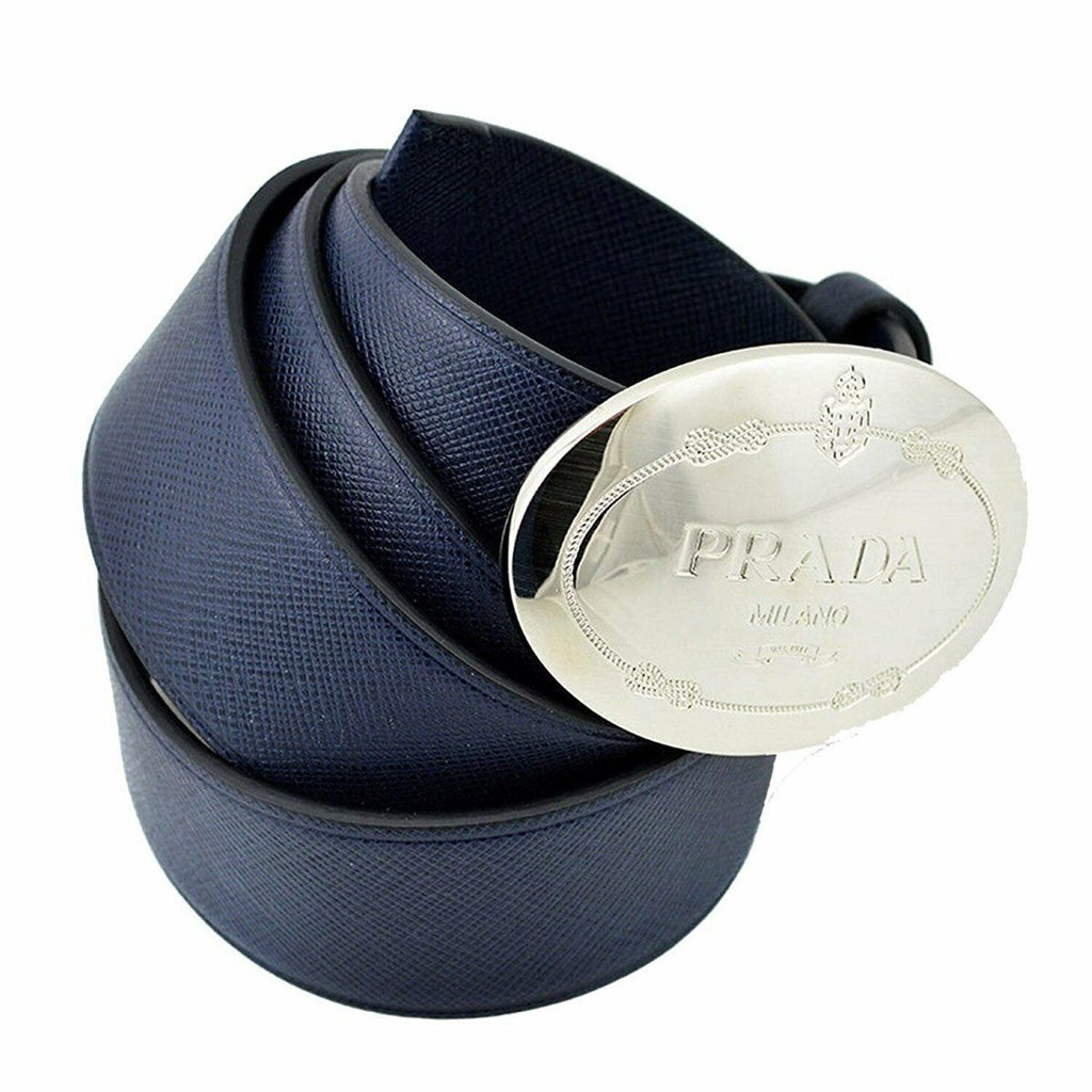Prada Prada Mens Navy Saffiano Leather Belt  Silver Oval Buckle Belt Size 90/36 - Side view