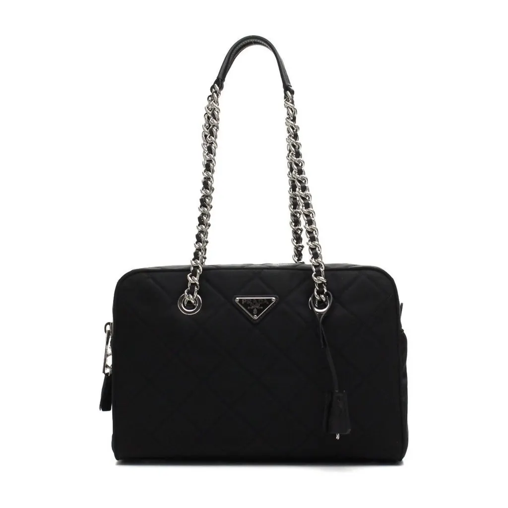 Prada Black Tessuto Nylon Quilted Shoulder Handbag Black Leather Never worn, with tag - Front View