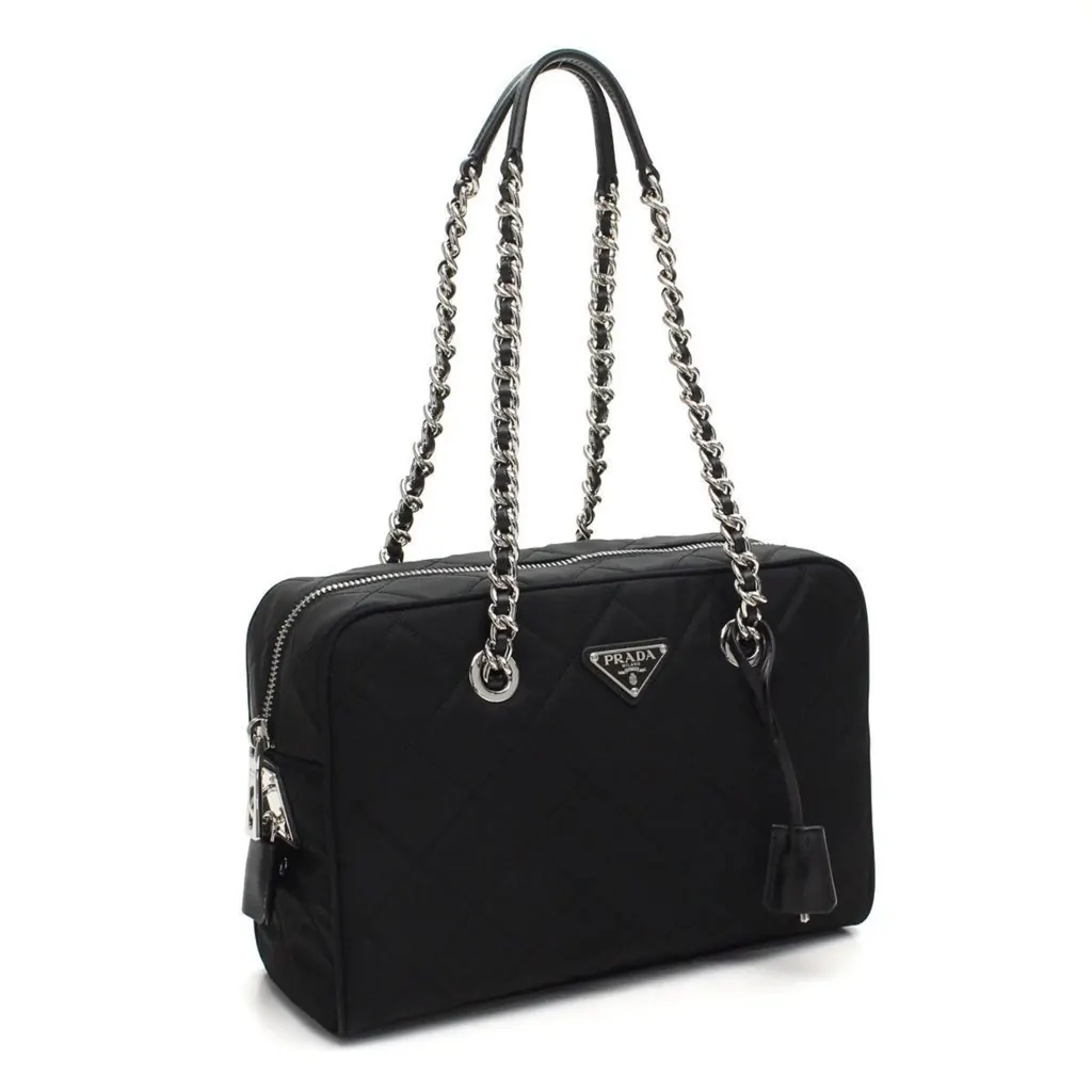 Prada Black Tessuto Nylon Quilted Shoulder Handbag Black Leather Never worn, with tag - Back View