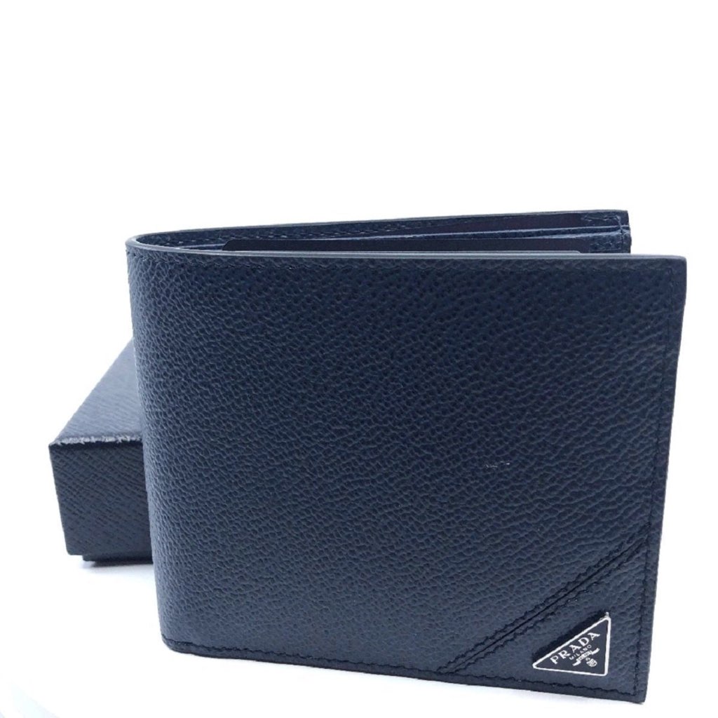 Prada Prada Mens Vitello Micro Grain Navy Blue Leather Triangle Logo Bifold Wallet