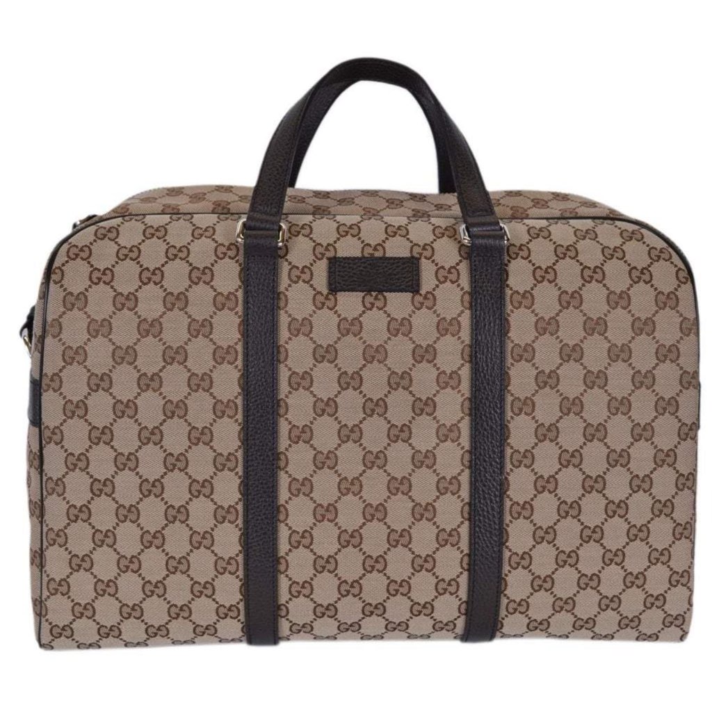 Gucci Gucci Large GG Logo Beige Canvas Brown Leather Strap Duffle Bag