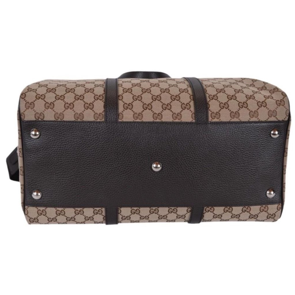 Gucci Gucci Large GG Logo Beige Canvas Brown Leather Strap Duffle Bag - 4
