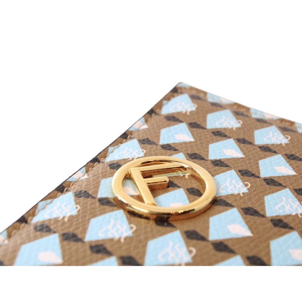 Fendi Fendi Calf Leather F Logo Blue Brown Small Bifold Wallet - Side view