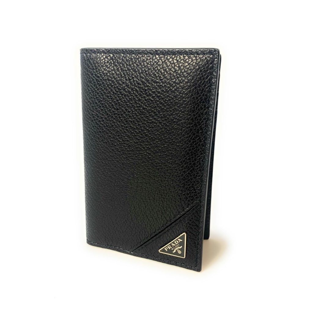 Prada Prada Vitello Grain Black Leather Triangle Logo Vertical Bifold Wallet