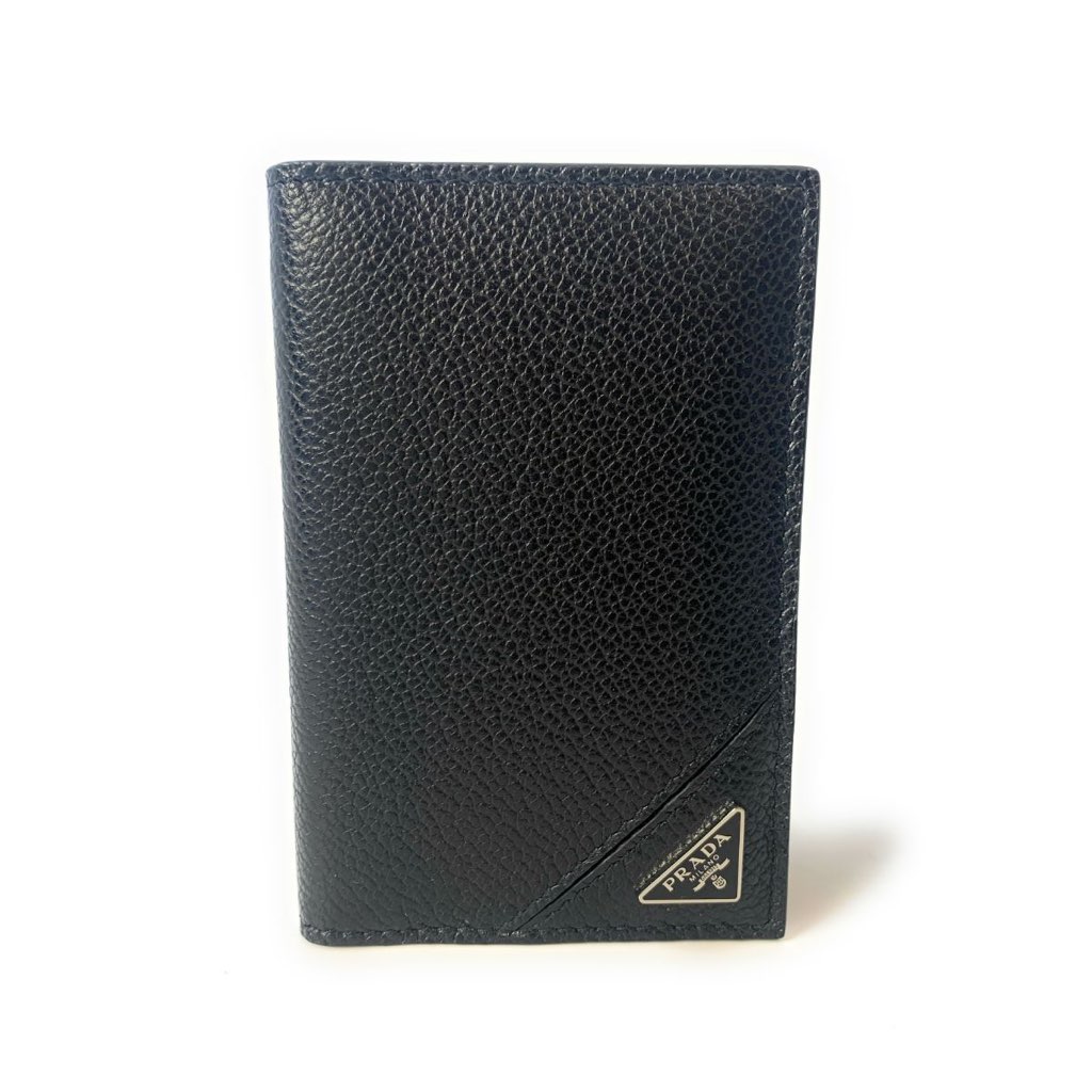 Prada Prada Vitello Grain Black Leather Triangle Logo Vertical Bifold Wallet - Back view