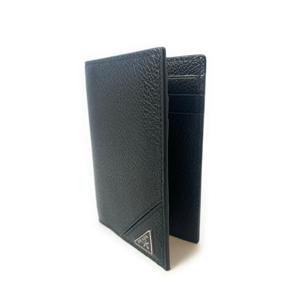 Prada Vitello Grain Black Leather Triangle Logo Vertical Bifold Wallet Black Leather Never worn, with tag - Inside View