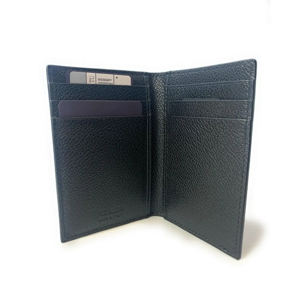 Prada Vitello Grain Black Leather Triangle Logo Vertical Bifold Wallet Black Leather Never worn, with tag - Model View